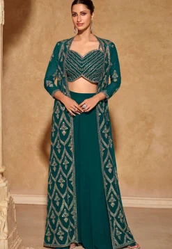 Embroidered Georgette Crop Top Set in Teal Green