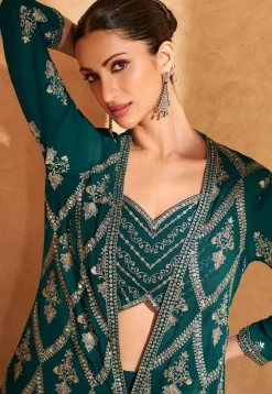 Embroidered Georgette Crop Top Set in Teal Green