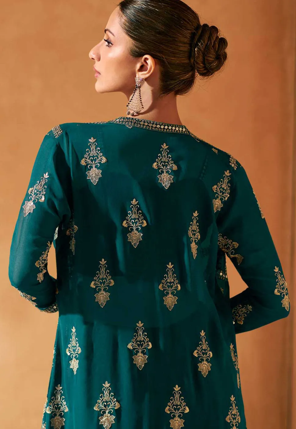 Embroidered Georgette Crop Top Set in Teal Green