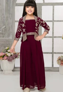 Embroidered Georgette Crop Top Set with Jacket in Wine