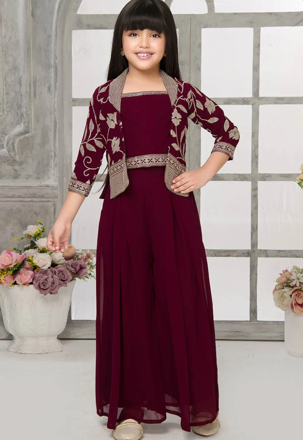 Embroidered Georgette Crop Top Set with Jacket in Wine