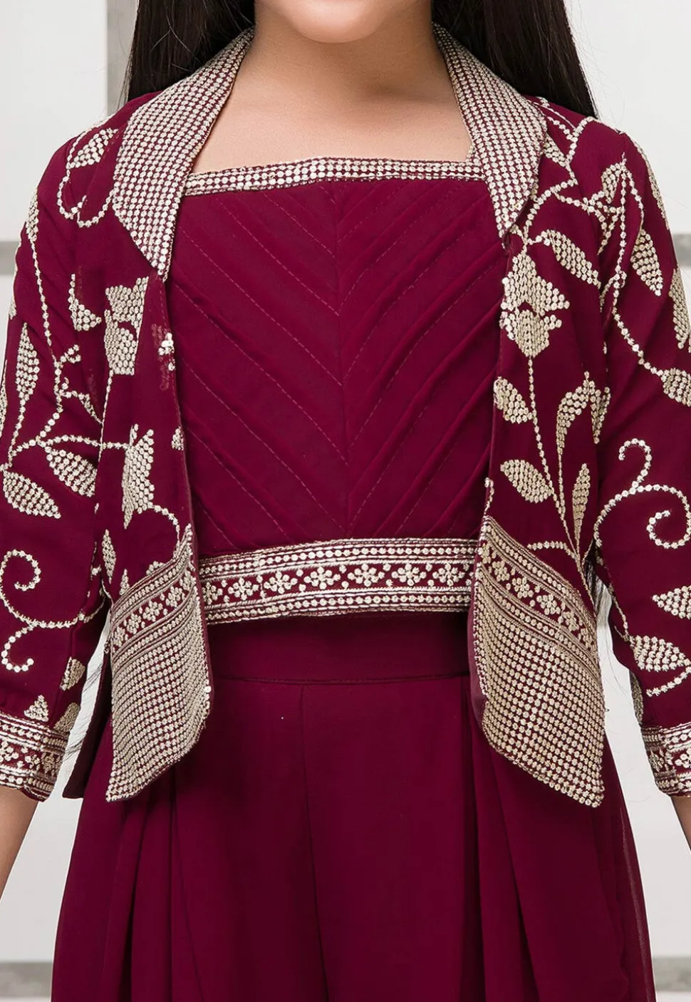 Embroidered Georgette Crop Top Set with Jacket in Wine