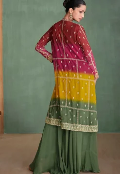 Embroidered Georgette Crop Top Set in Dusty Green