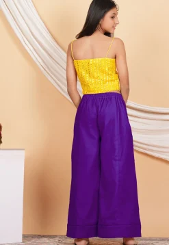 Embroidered Georgette Crop Top Set in Yellow and Purple