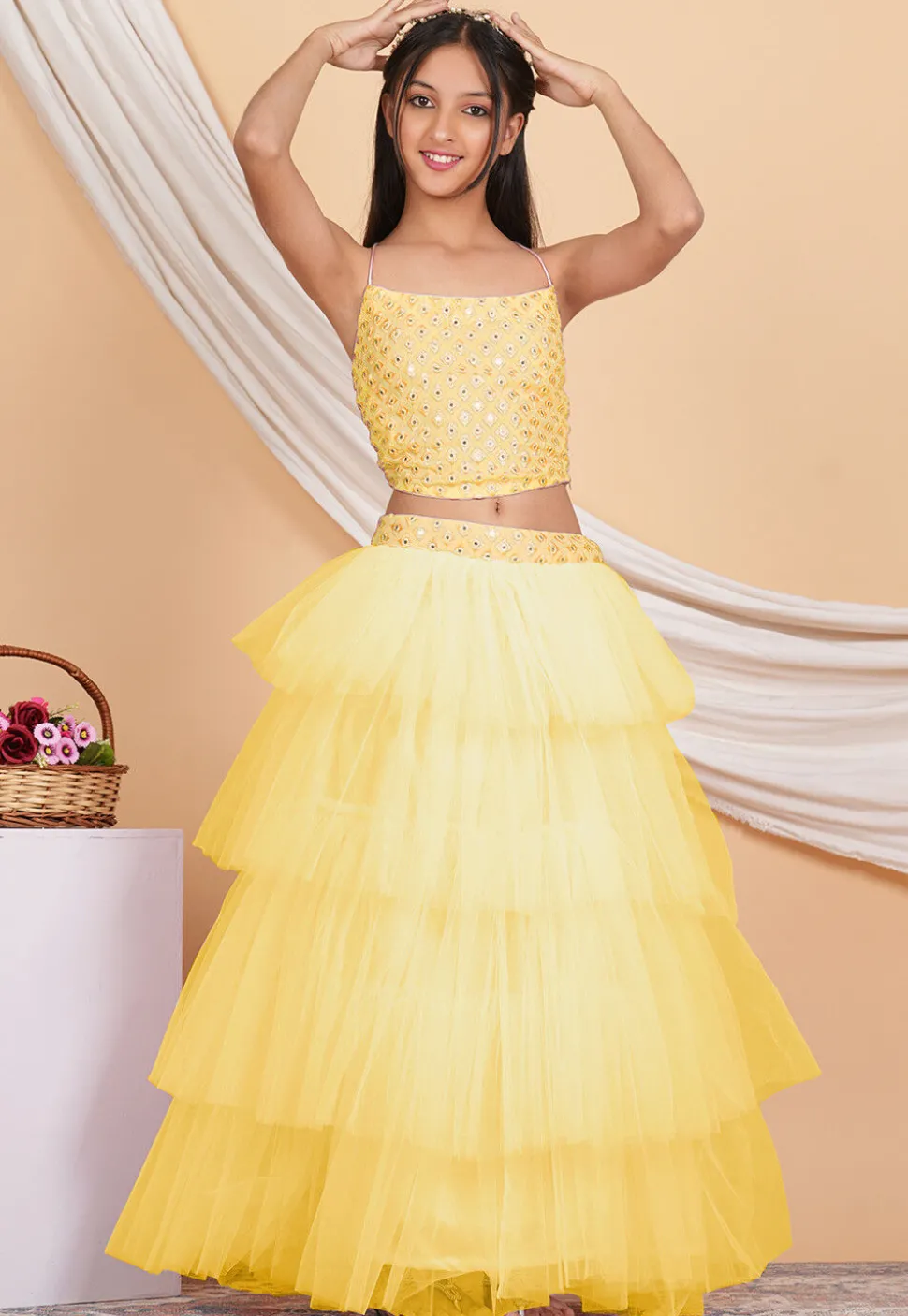 Embroidered Georgette Crop Top Set in Pastel Yellow