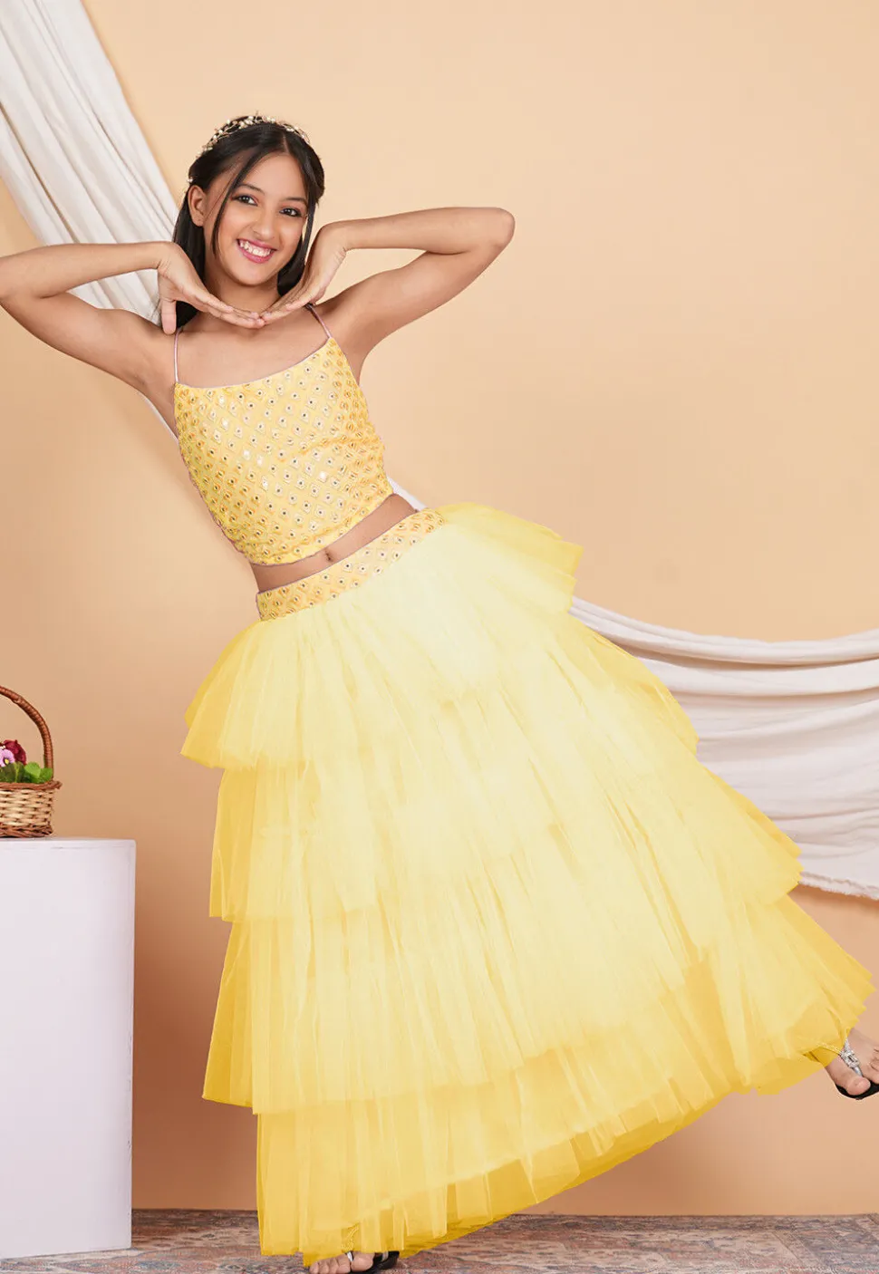 Embroidered Georgette Crop Top Set in Pastel Yellow