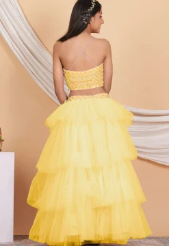 Embroidered Georgette Crop Top Set in Pastel Yellow