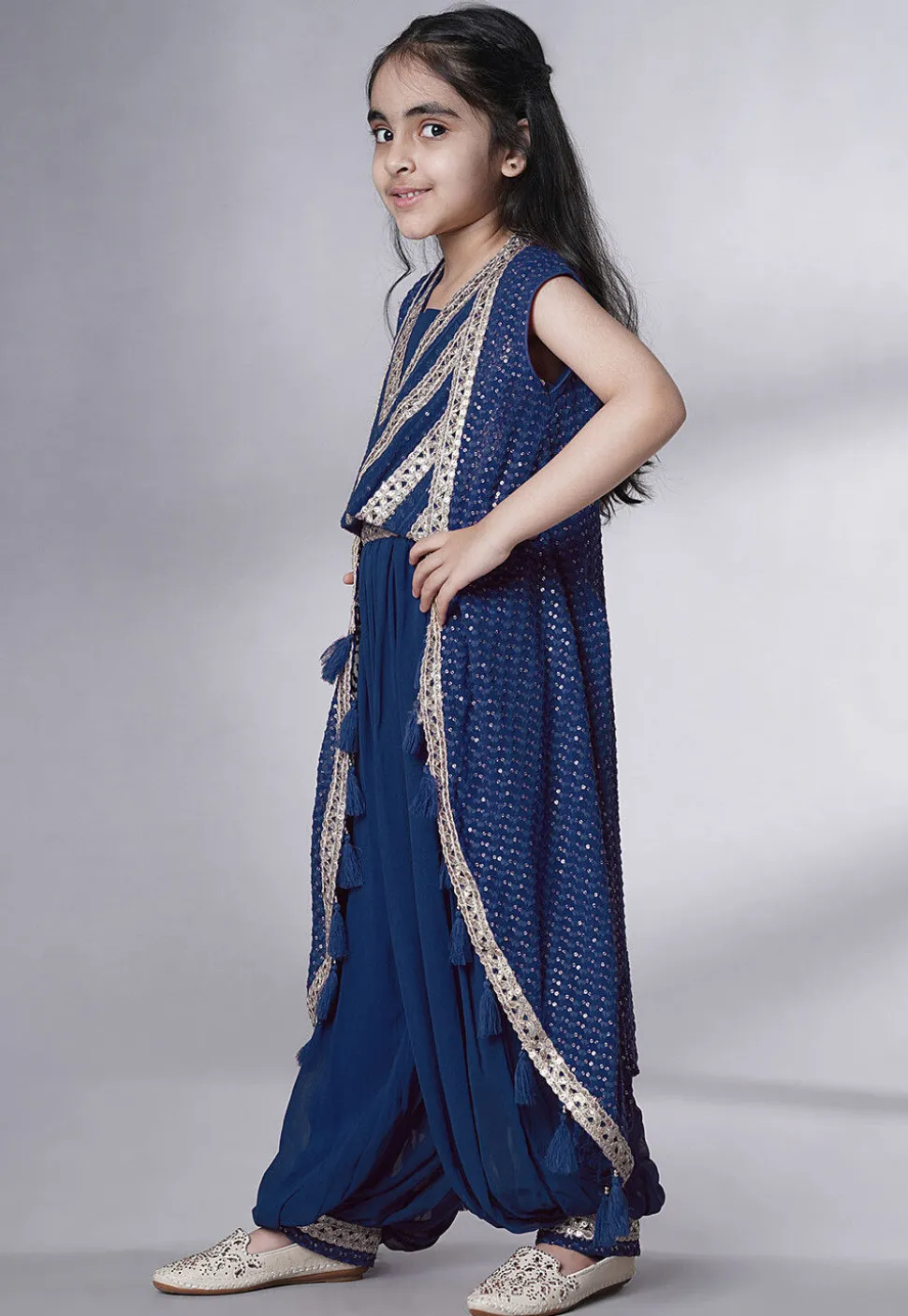 Embroidered Georgette Crop Top Set in Teal Blue