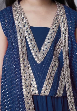 Embroidered Georgette Crop Top Set in Teal Blue
