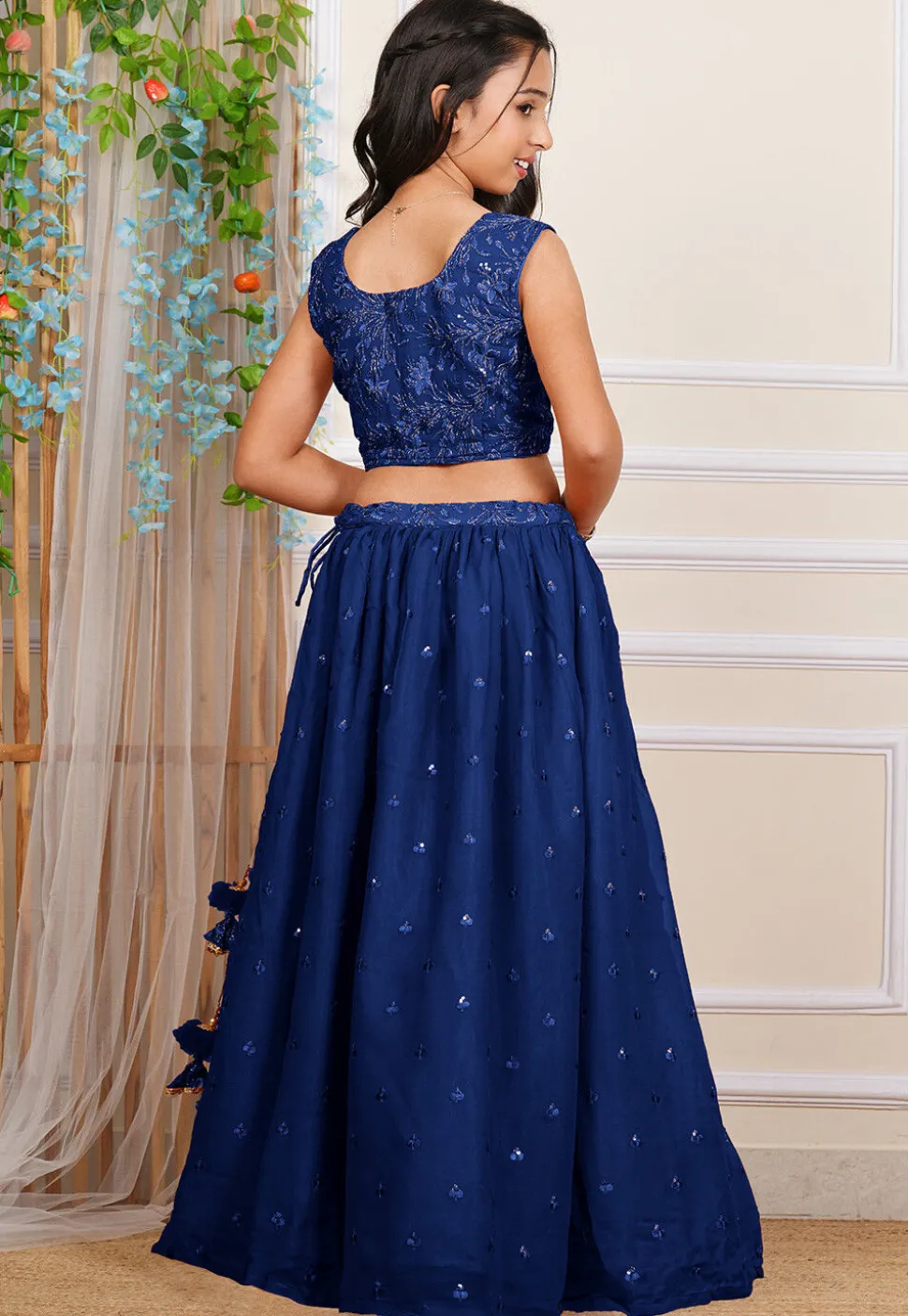 Embroidered Georgette Crop Top Set in Royal Blue