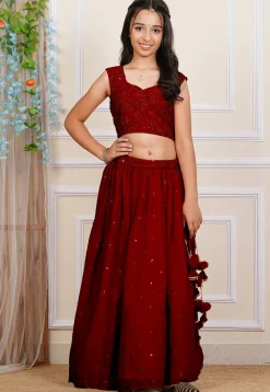 Embroidered Georgette Crop Top Set in Maroon