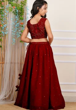 Embroidered Georgette Crop Top Set in Maroon