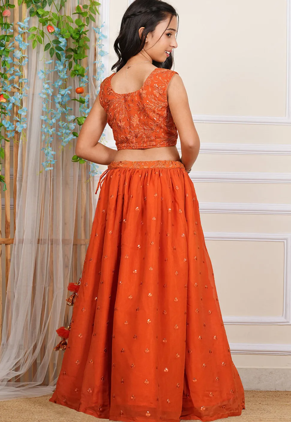 Embroidered Georgette Crop Top Set in Orange