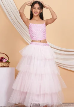 Embroidered Georgette Crop Top Set in Baby Pink