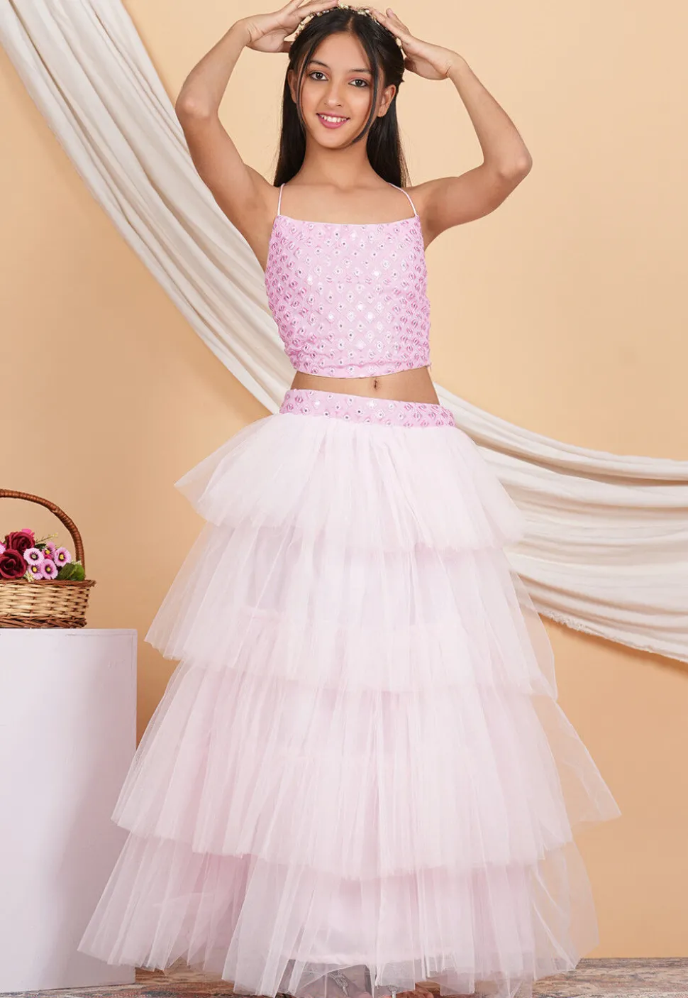 Embroidered Georgette Crop Top Set in Baby Pink