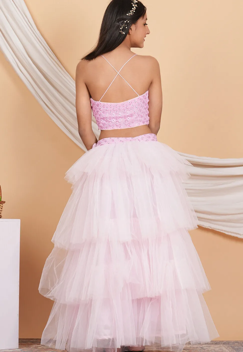 Embroidered Georgette Crop Top Set in Baby Pink