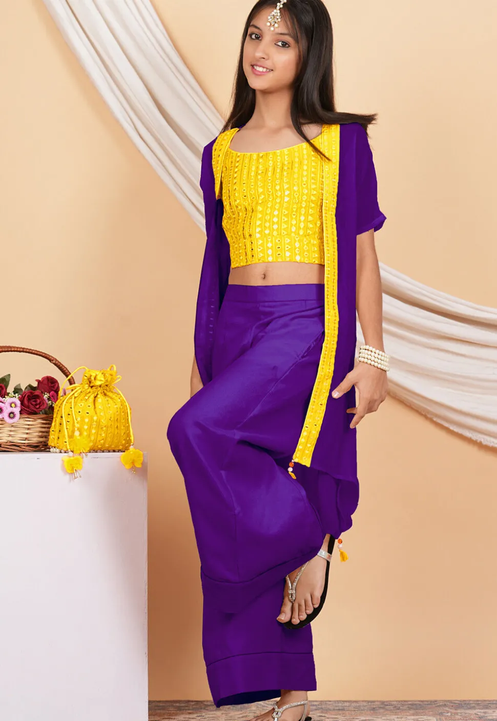 Embroidered Georgette Crop Top Set in Yellow and Purple