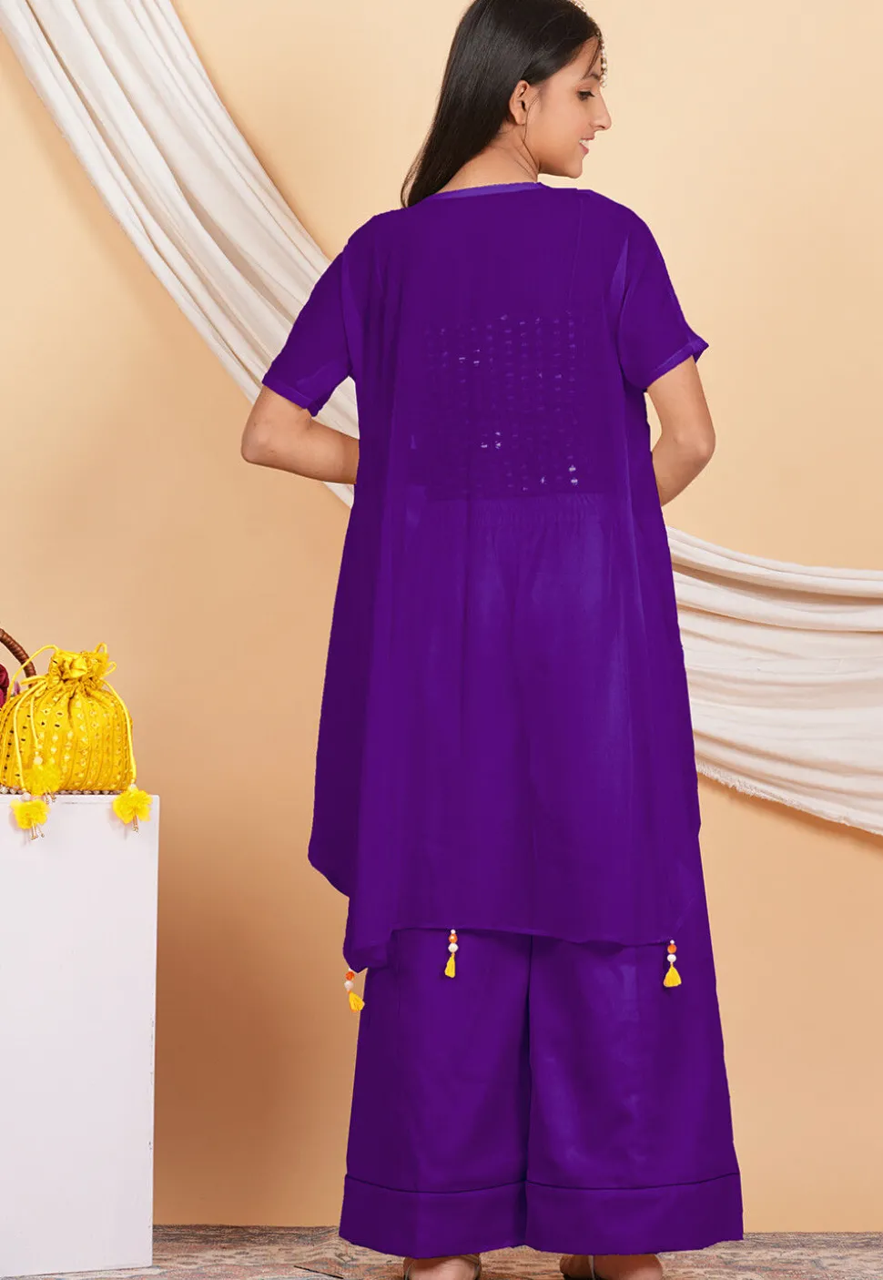 Embroidered Georgette Crop Top Set in Yellow and Purple