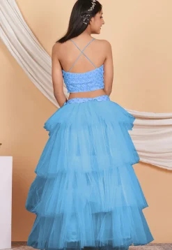 Embroidered Georgette Crop Top Set in Pastel Blue