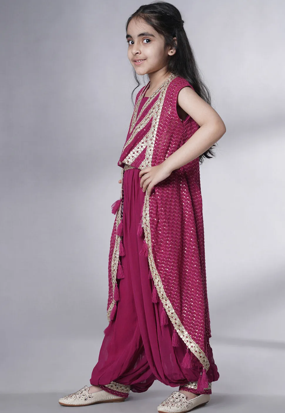 Embroidered Georgette Crop Top Set in Magenta