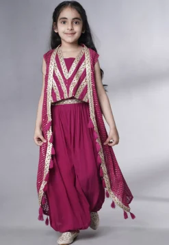 Embroidered Georgette Crop Top Set in Magenta