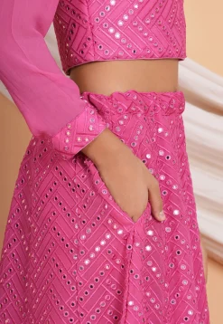 Embroidered Georgette Crop Top Set in Pink