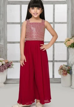 Embroidered Georgette Crop Top Set with Jacket in Red