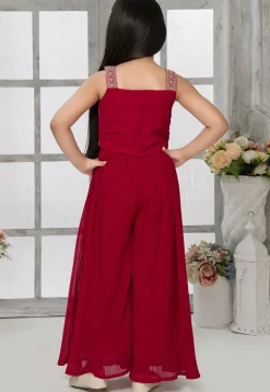 Embroidered Georgette Crop Top Set with Jacket in Red