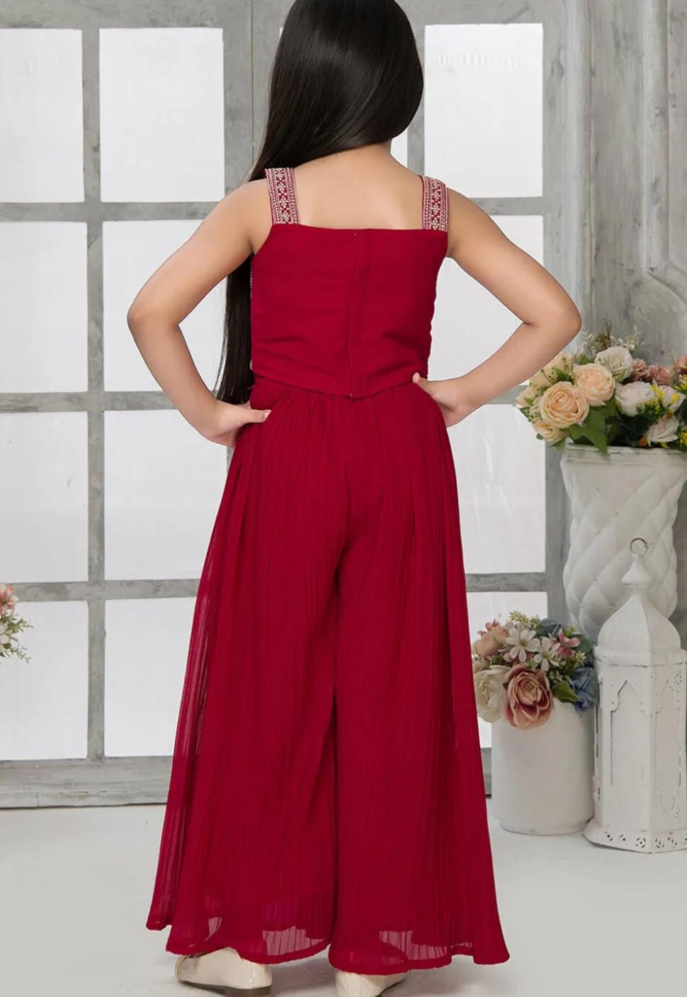 Embroidered Georgette Crop Top Set with Jacket in Red