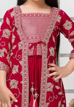 Embroidered Georgette Crop Top Set with Jacket in Red