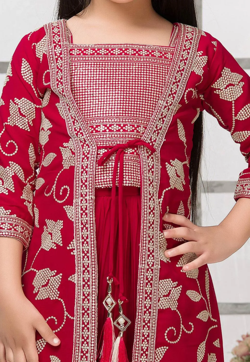 Embroidered Georgette Crop Top Set with Jacket in Red