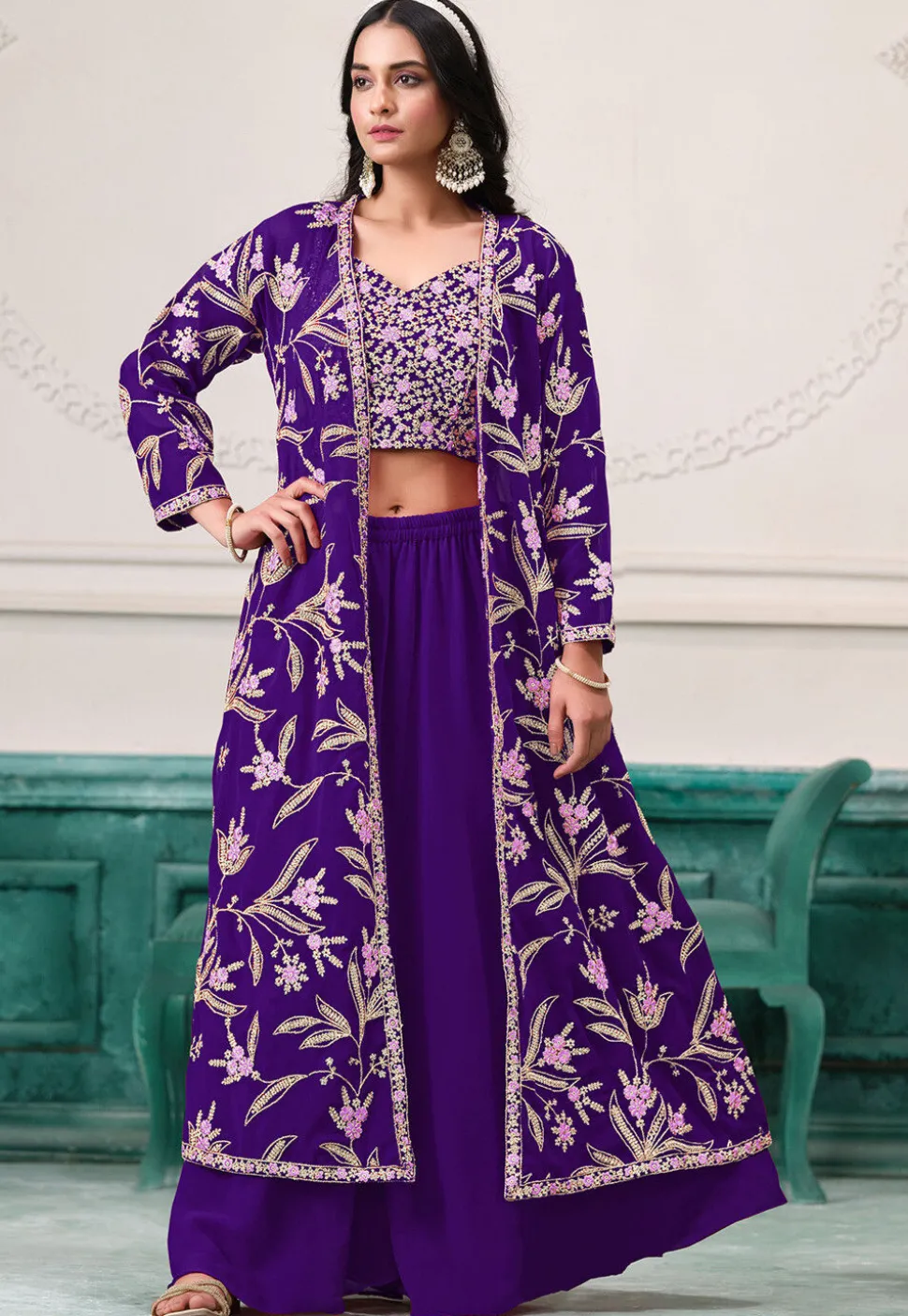 Embroidered Georgette Crop Top Set in Purple