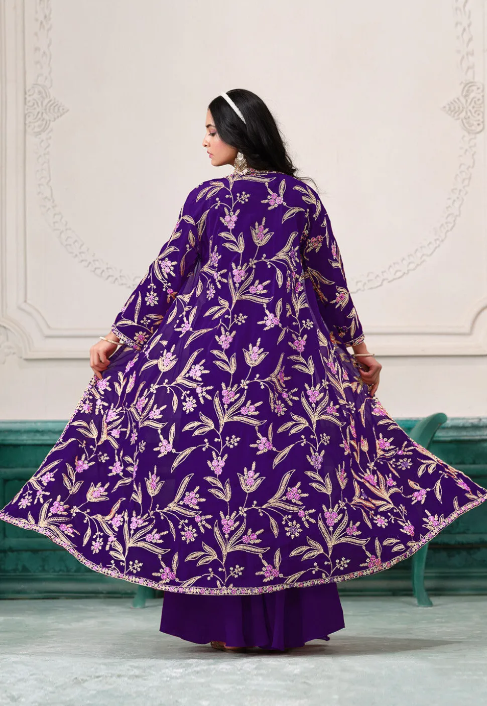 Embroidered Georgette Crop Top Set in Purple