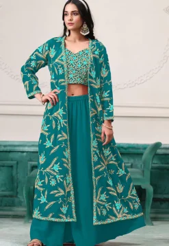 Embroidered Georgette Crop Top Set in Turquoise