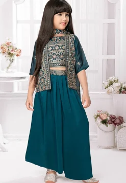 Embroidered Georgette Crop Top Set in Teal Blue