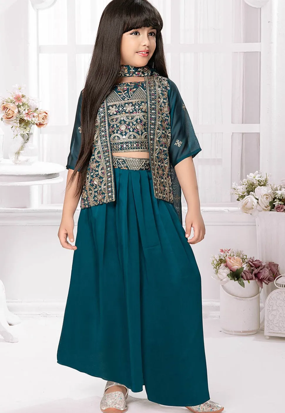 Embroidered Georgette Crop Top Set in Teal Blue