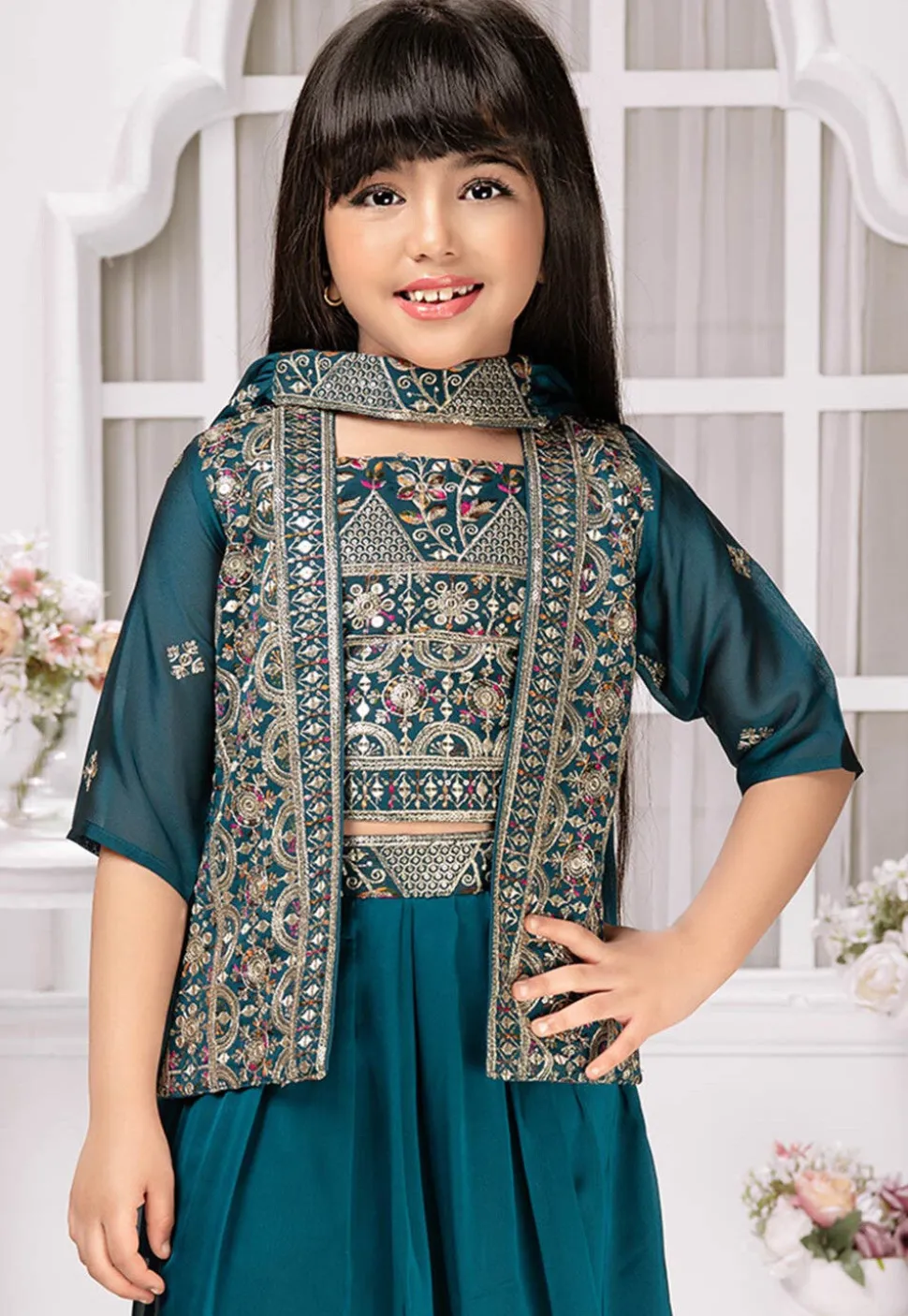Embroidered Georgette Crop Top Set in Teal Blue