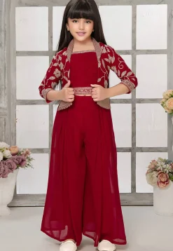 Embroidered Georgette Crop Top Set with Jacket in Red