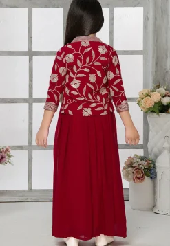 Embroidered Georgette Crop Top Set with Jacket in Red