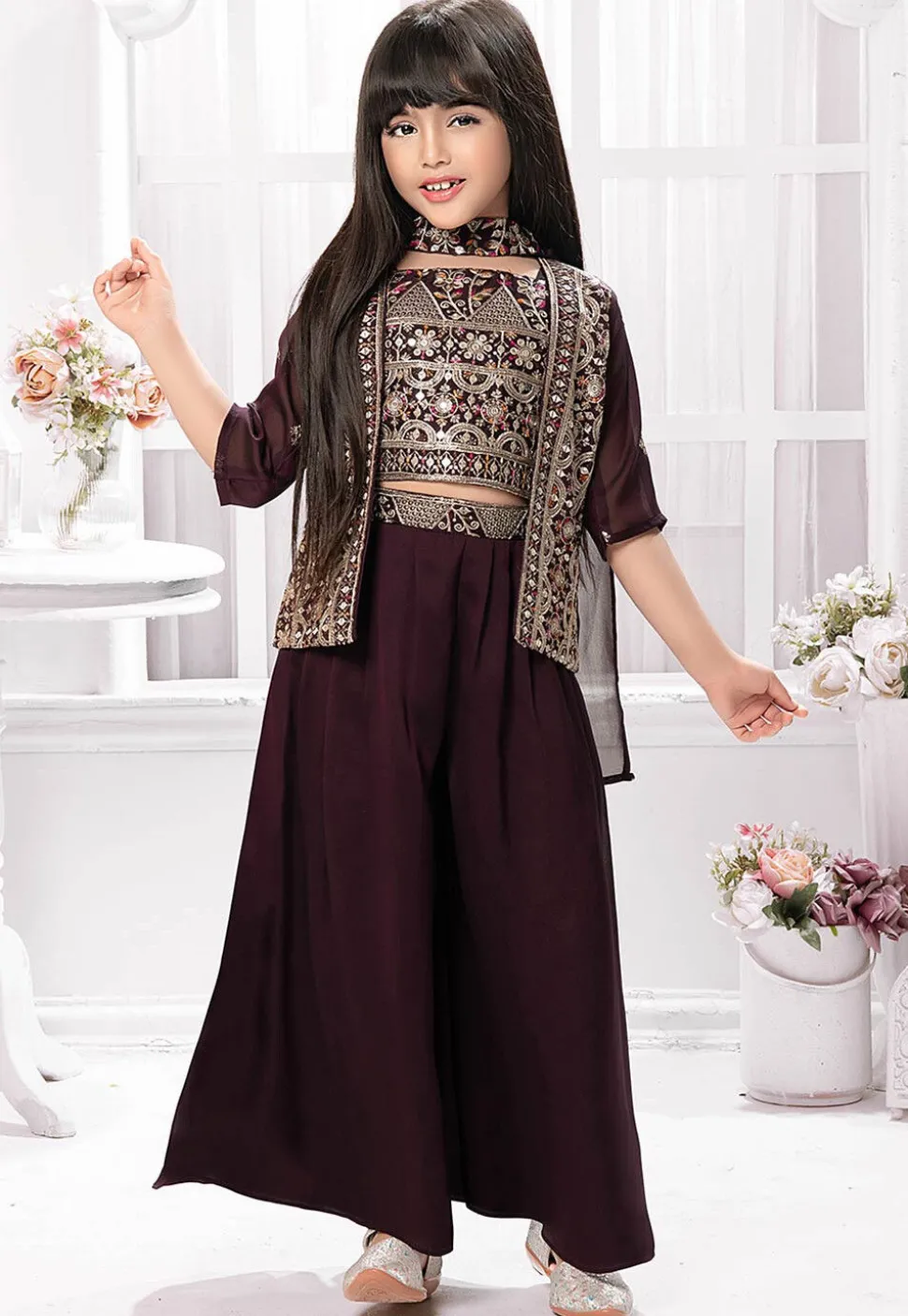 Embroidered Georgette Crop Top Set in Wine