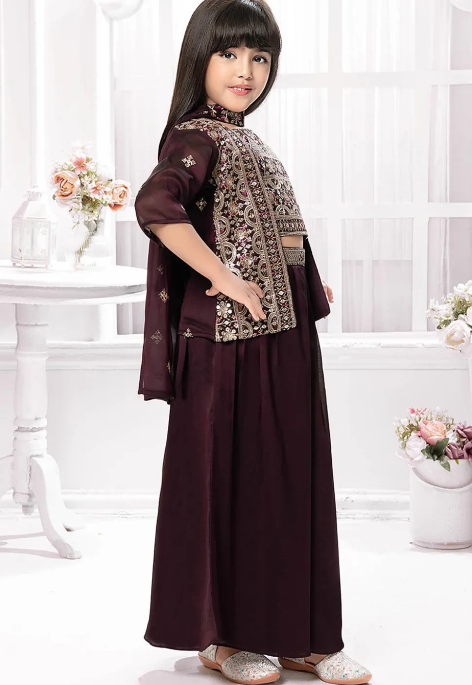 Embroidered Georgette Crop Top Set in Wine