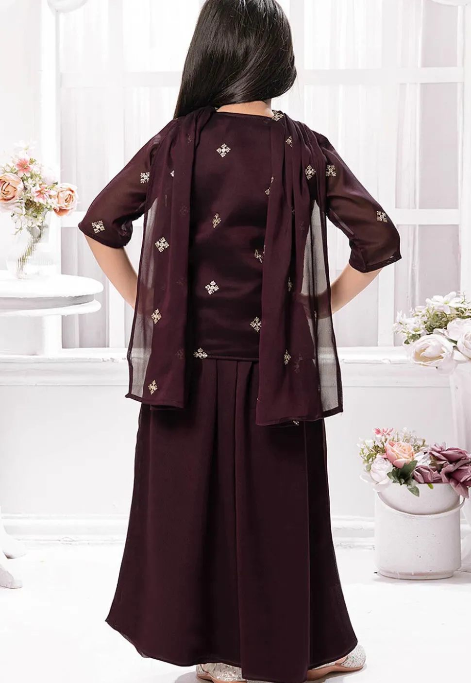 Embroidered Georgette Crop Top Set in Wine