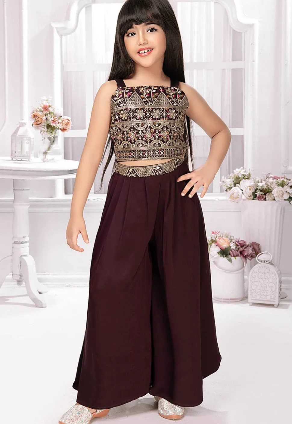 Embroidered Georgette Crop Top Set in Wine