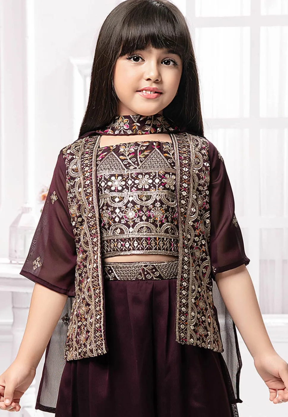 Embroidered Georgette Crop Top Set in Wine