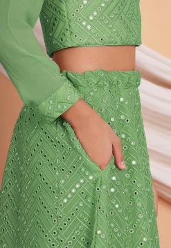 Embroidered Georgette Crop Top Set in Light Green