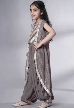 Embroidered Georgette Crop Top Set in Grey