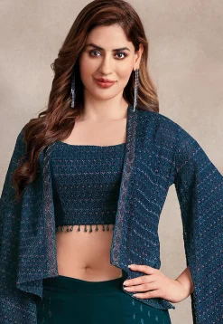 Embroidered Georgette Crop Top Set in Teal Blue