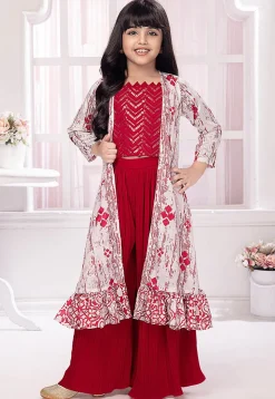 Embroidered Georgette Crop Top Set in Fuchsia