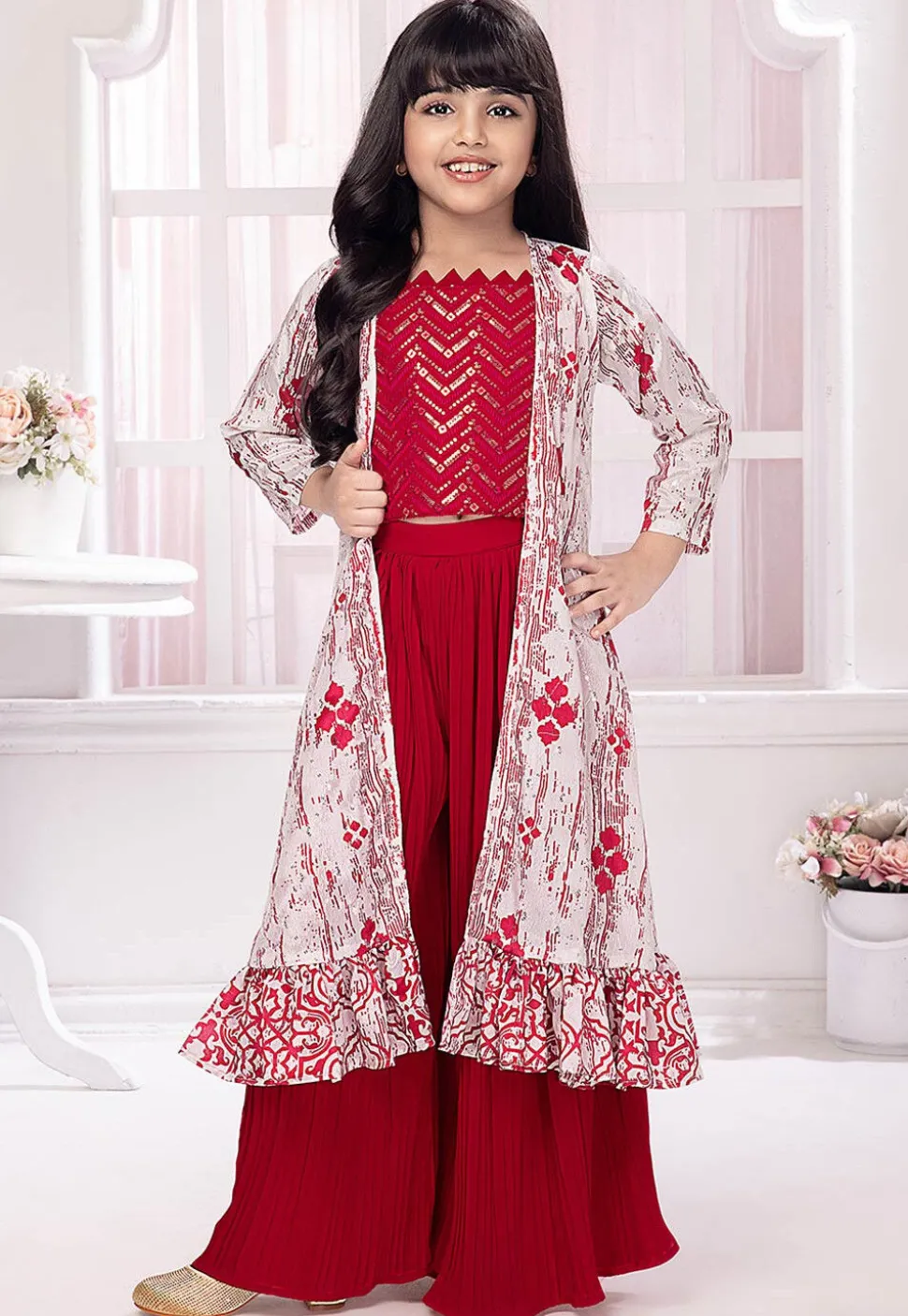 Embroidered Georgette Crop Top Set in Fuchsia