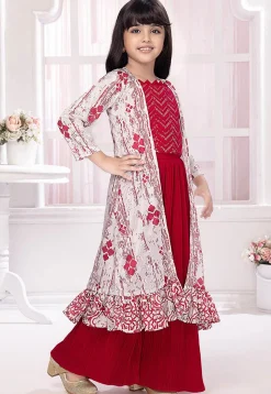 Embroidered Georgette Crop Top Set in Fuchsia